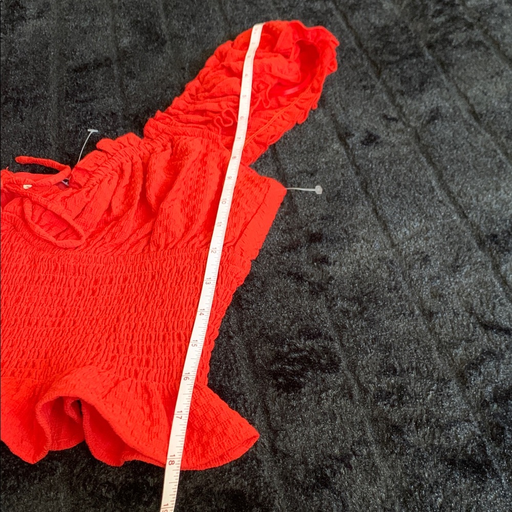 Lush Red Ruffled Smocked Sweetheart Neckline Candy Red Tie-Front Crop Top Size S - Picture 9 of 10